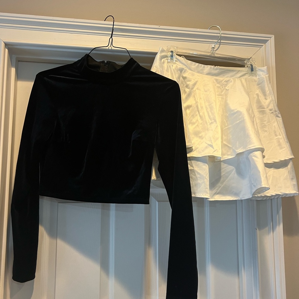 City Studio 2 pc set Black Velvet Long Sleeve Top and White Ruffle Skirt